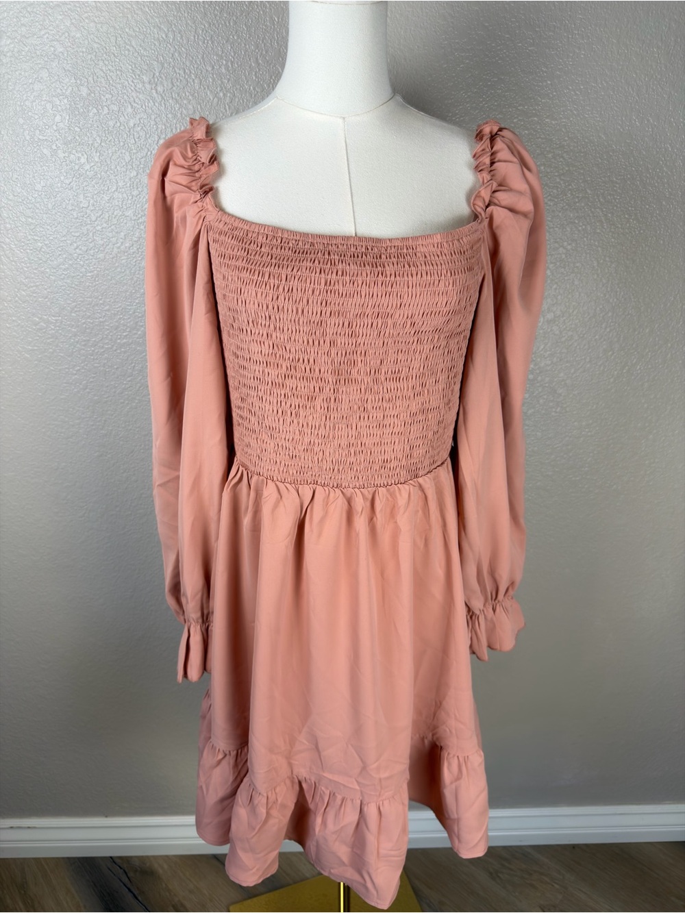 NWT Smocked Square Neck Long Sleeve Midi Dress in Coral pink, XL